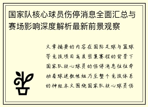 国家队核心球员伤停消息全面汇总与赛场影响深度解析最新前景观察